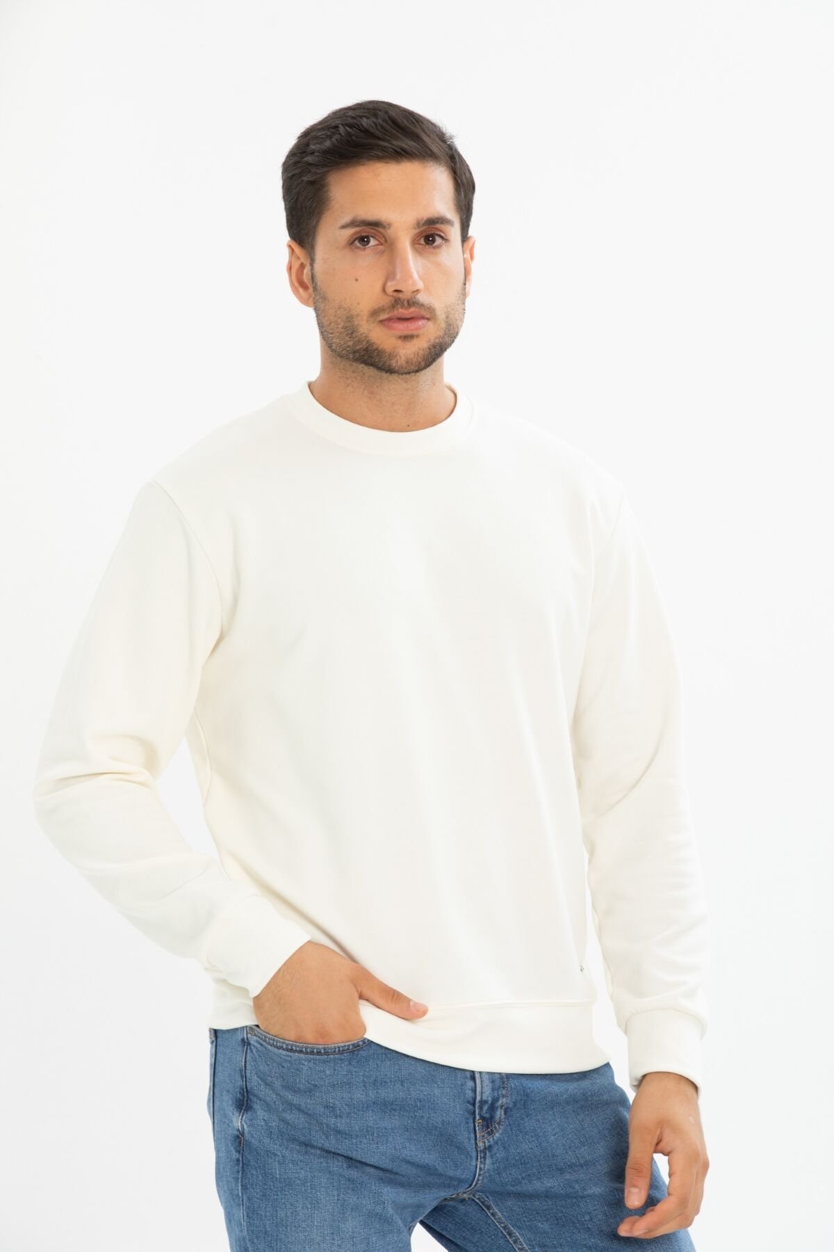 Fırçalı Interlok Bisiklet Yaka Basic Sweatshirt