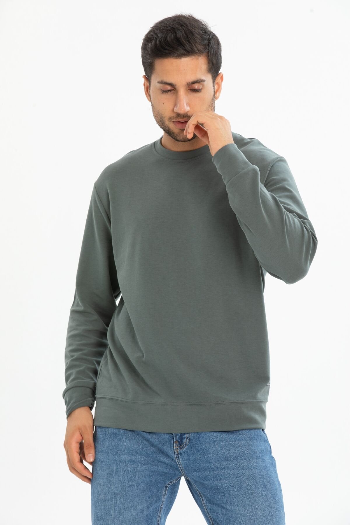 Fırçalı Interlok Bisiklet Yaka Basic Sweatshirt