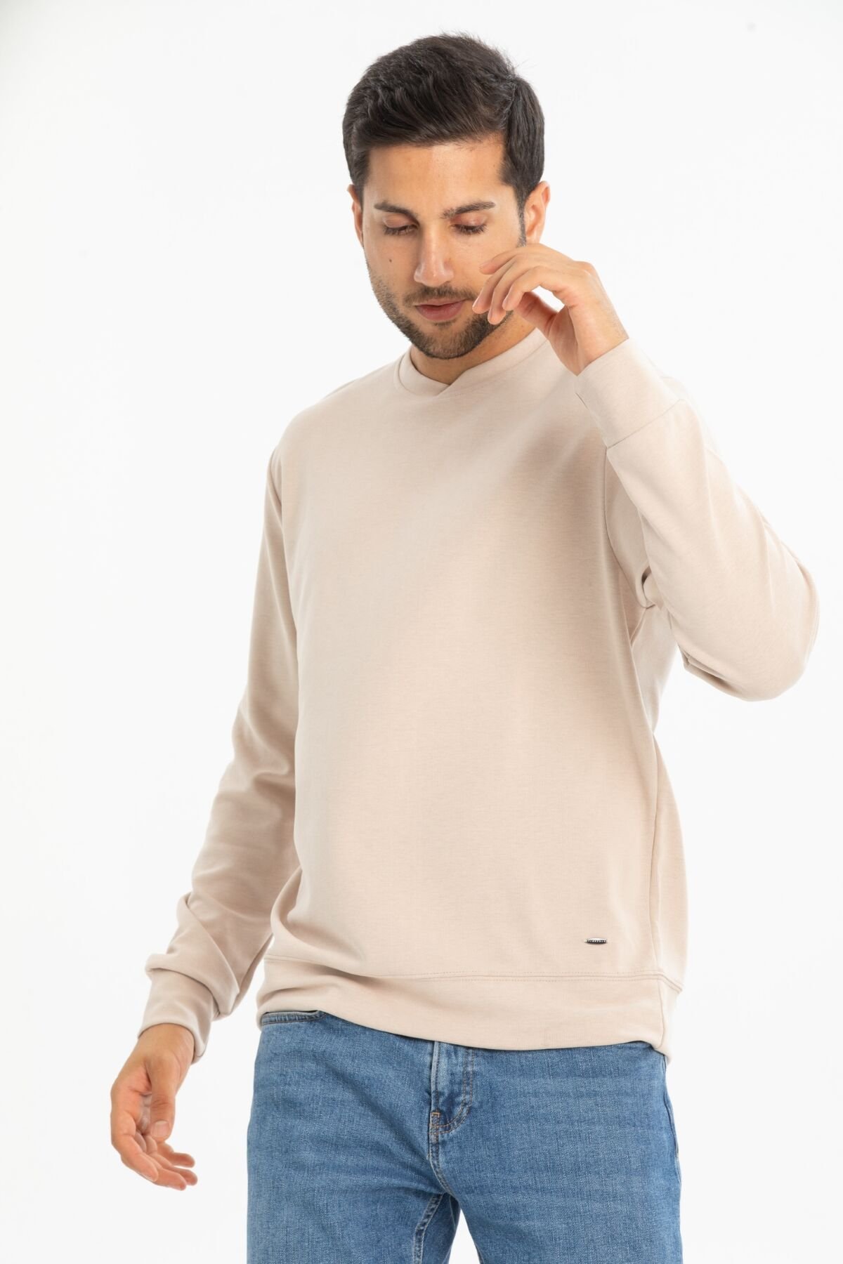Fırçalı Interlok Bisiklet Yaka Basic Sweatshirt