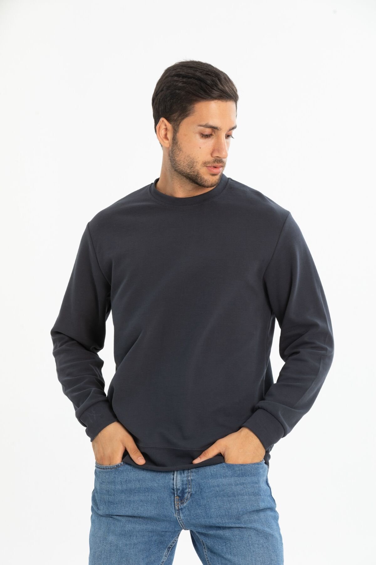Fırçalı Interlok Bisiklet Yaka Basic Sweatshirt