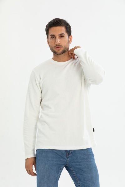 Interlok Kare Desenli Bisiklet Yaka Basic Sweatshirt