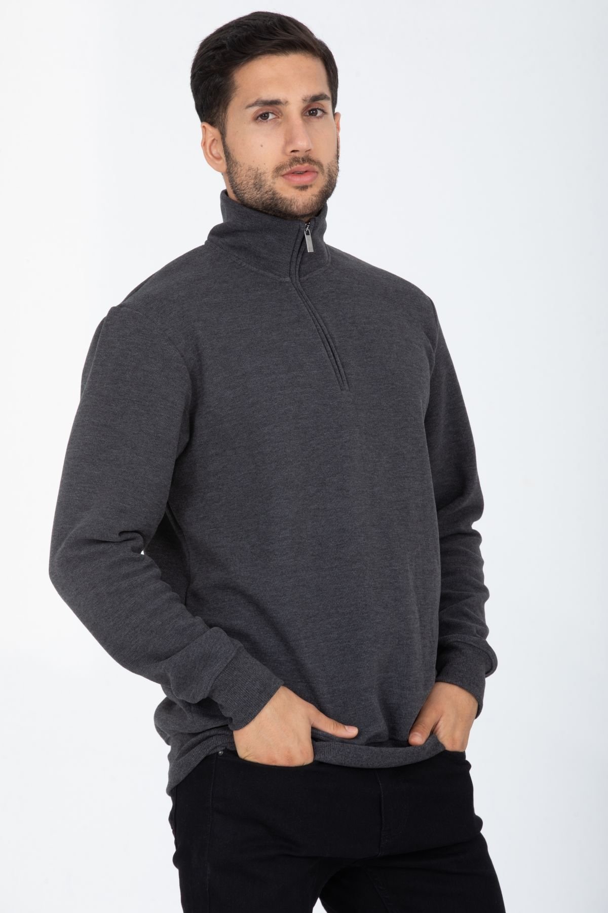 Selanik Kumaş Kanguru Cepli Yarım Fermuarlı Dik Yaka Sweatshirt