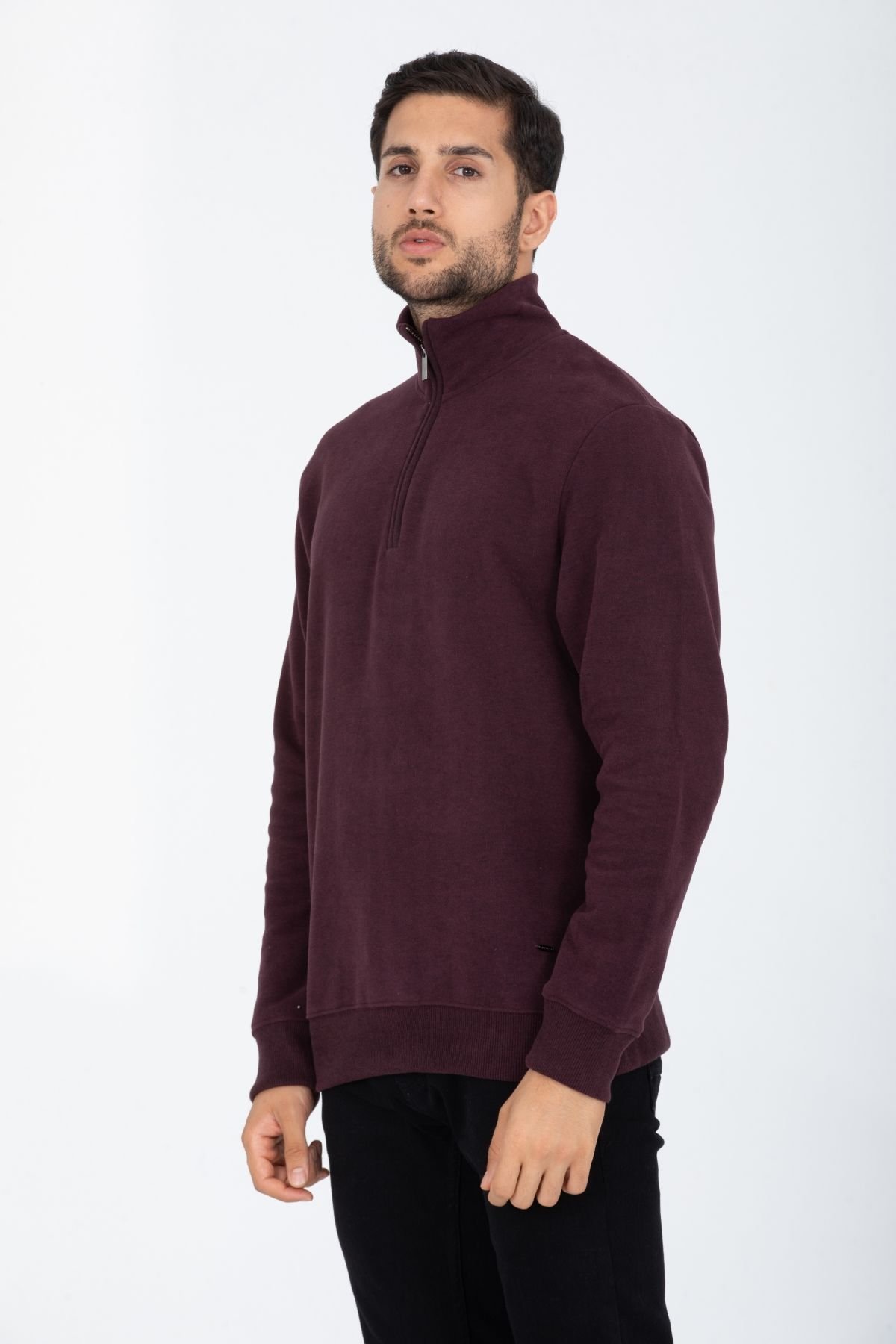 Selanik Kumaş Kanguru Cepli Yarım Fermuarlı Dik Yaka Sweatshirt