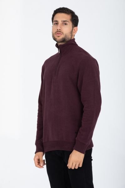 Selanik Kumaş Kanguru Cepli Yarım Fermuarlı Dik Yaka Sweatshirt