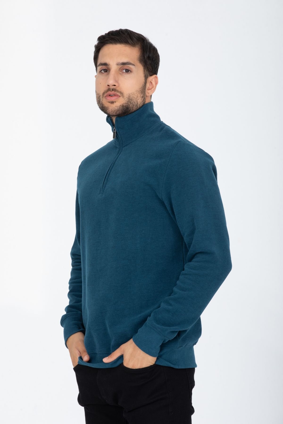 Selanik Kumaş Kanguru Cepli Yarım Fermuarlı Dik Yaka Sweatshirt
