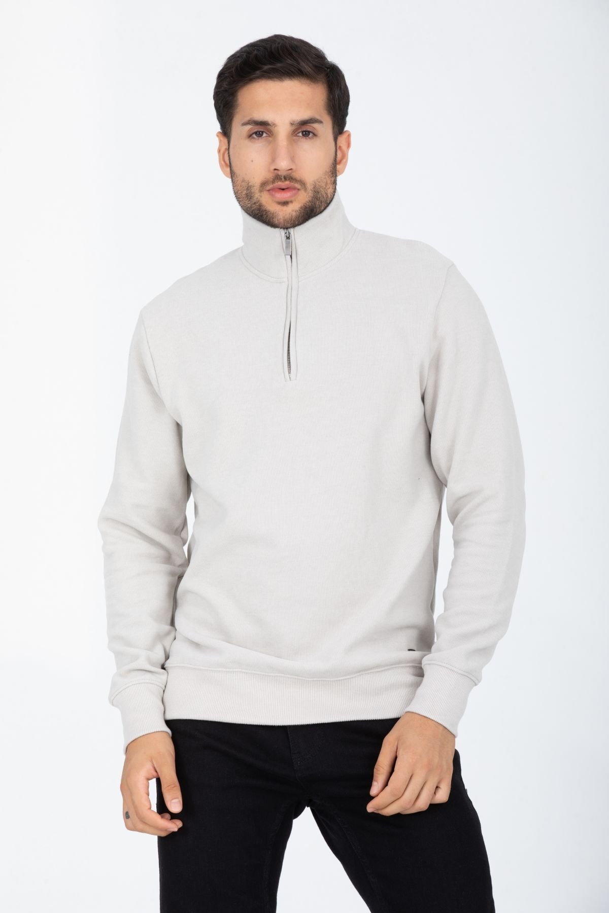 Selanik Kumaş Kanguru Cepli Yarım Fermuarlı Dik Yaka Sweatshirt