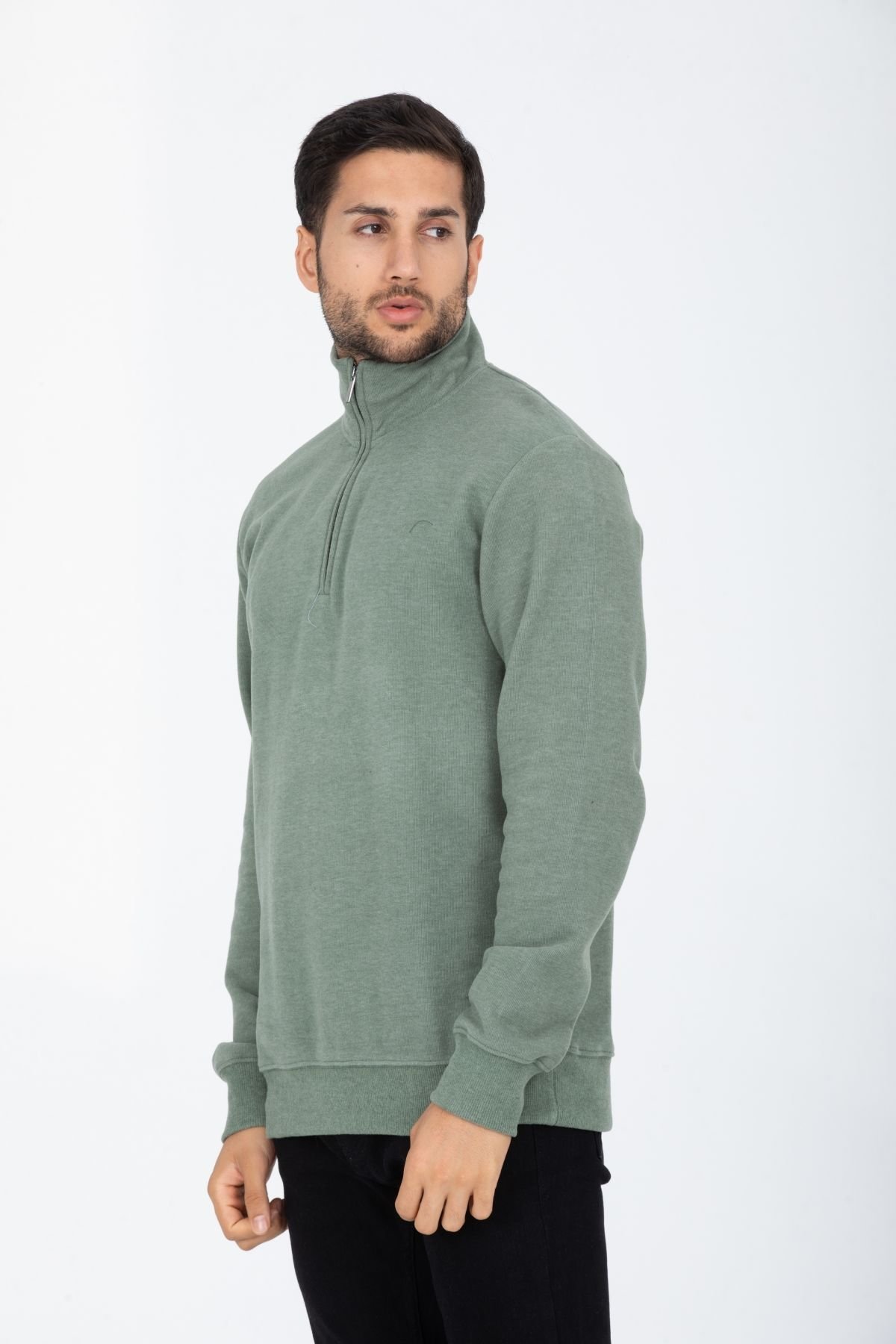Selanik Kumaş Kanguru Cepli Yarım Fermuarlı Dik Yaka Sweatshirt