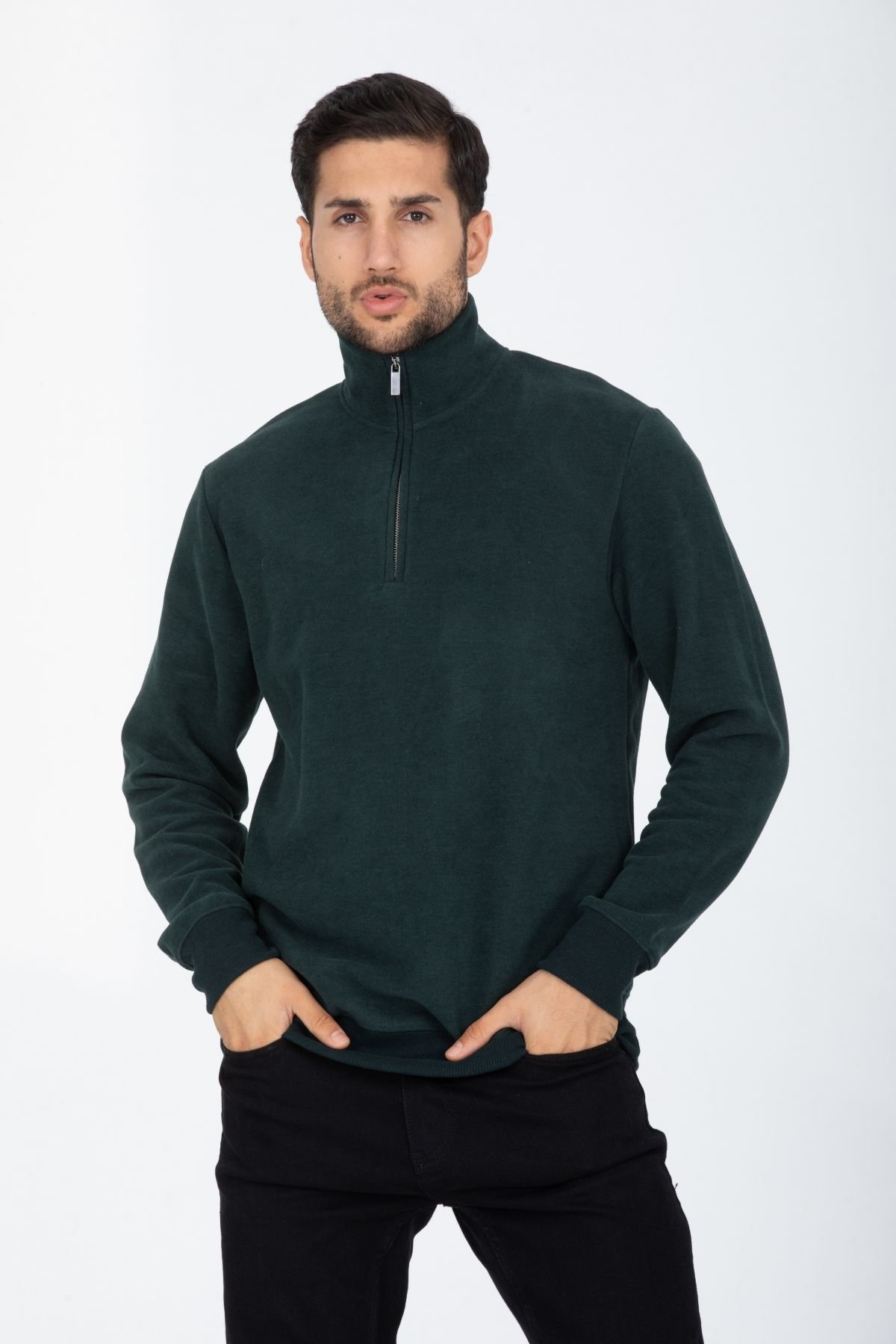 Selanik Kumaş Kanguru Cepli Yarım Fermuarlı Dik Yaka Sweatshirt
