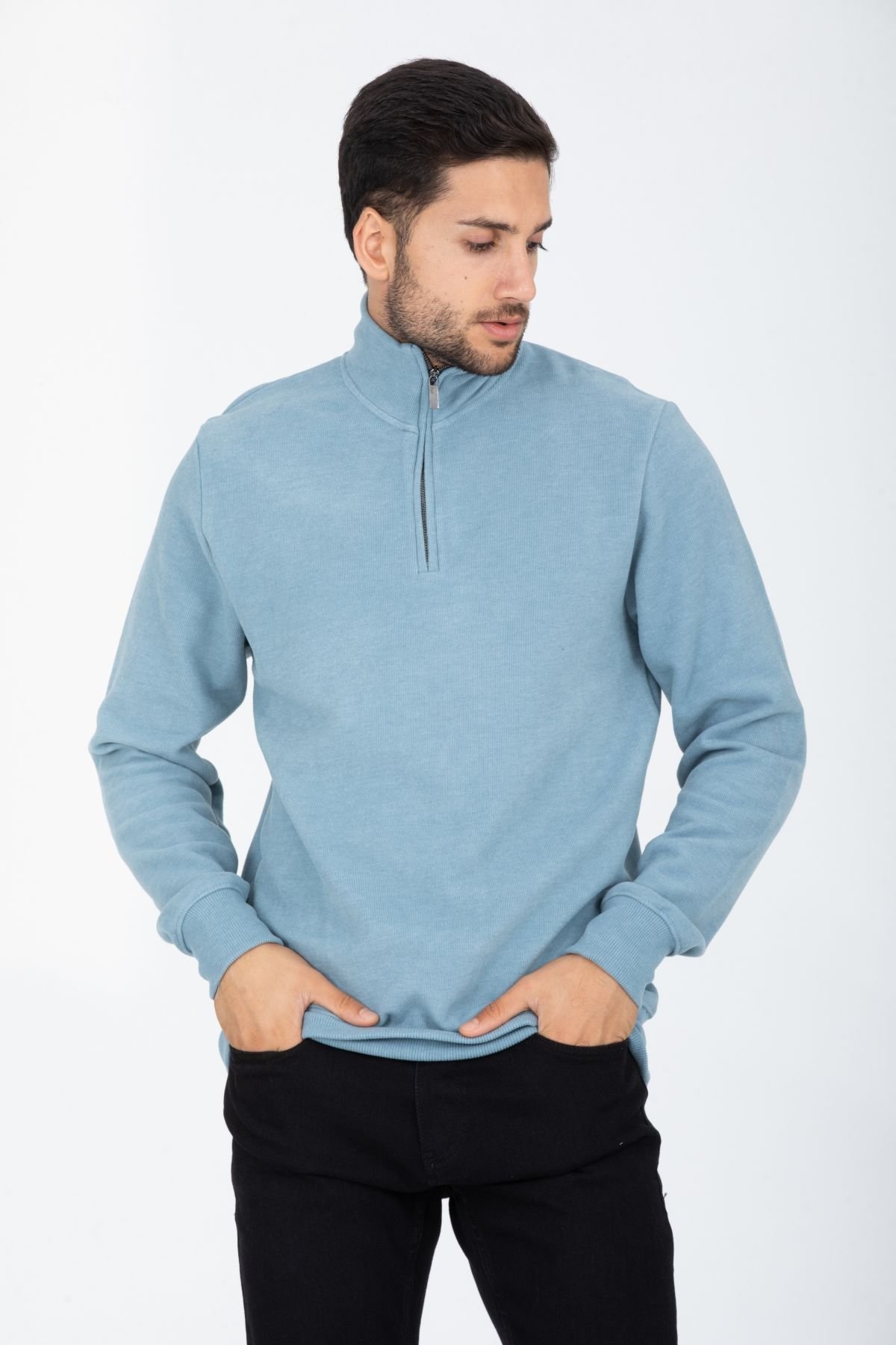 Selanik Kumaş Kanguru Cepli Yarım Fermuarlı Dik Yaka Sweatshirt