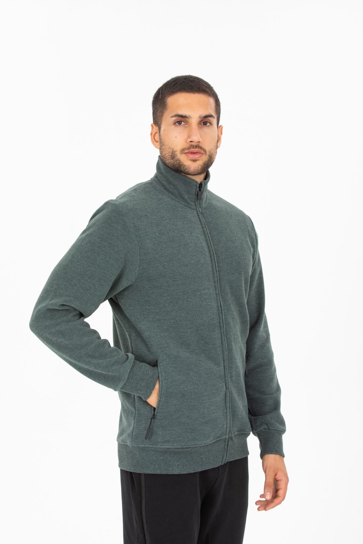 Selanik Kumaş Fermuarlı Dik Yaka Sweatshirt