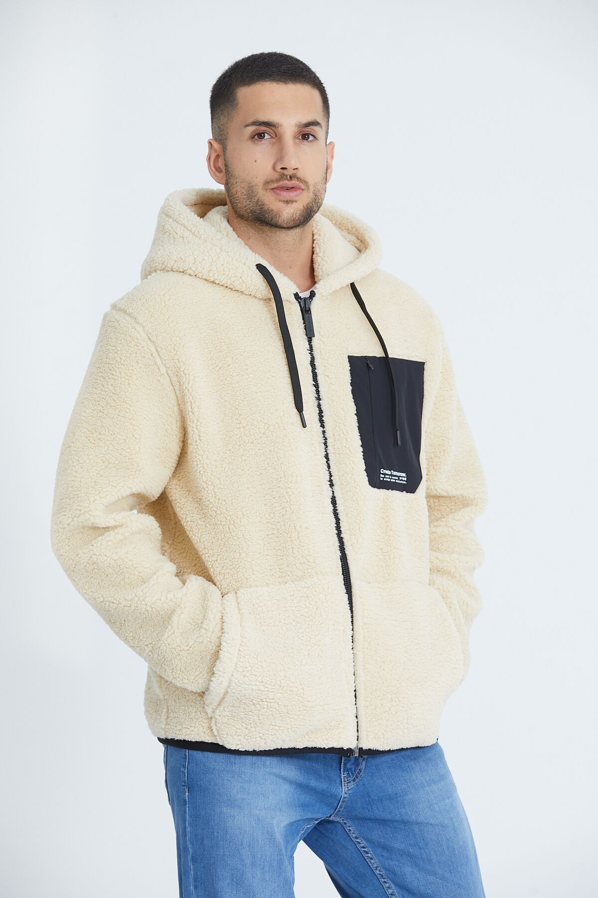 Oversize Kapüşonlu Fermuarlı Kanguru Cepli Peluş Sweatshirt