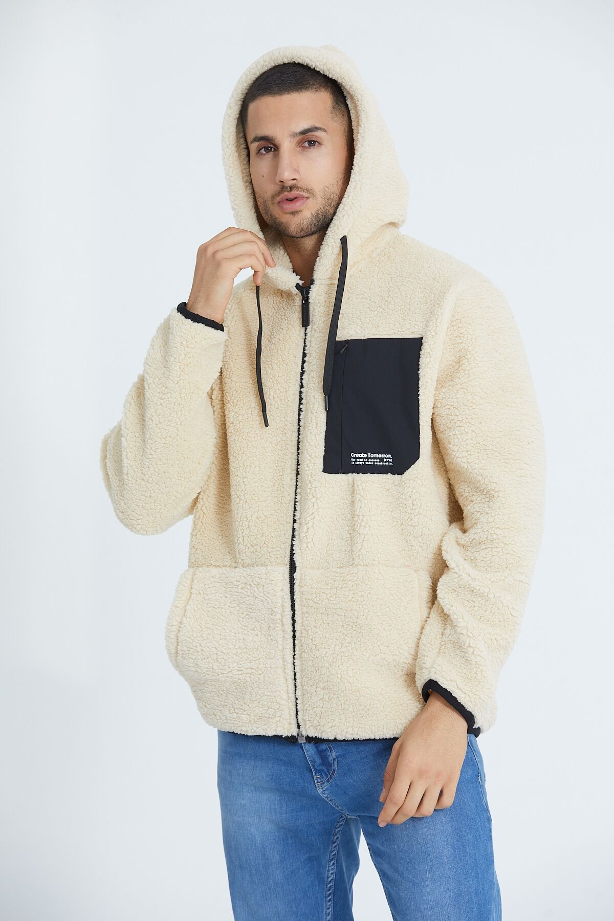 Oversize Kapüşonlu Fermuarlı Kanguru Cepli Peluş Sweatshirt