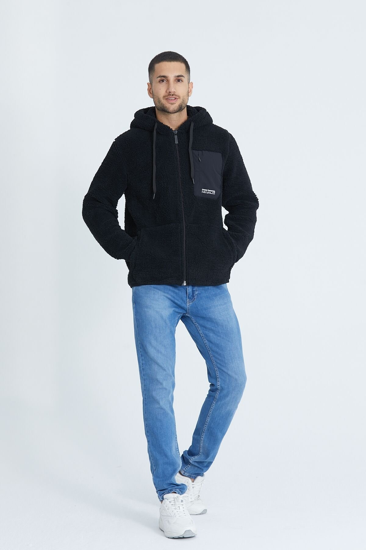 Oversize Kapüşonlu Fermuarlı Kanguru Cepli Peluş Sweatshirt