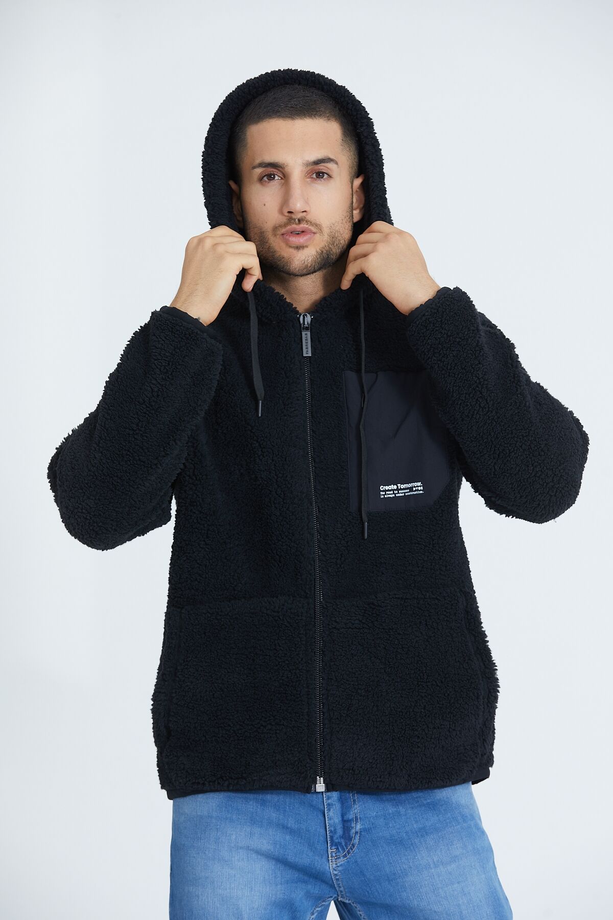 Oversize Kapüşonlu Fermuarlı Kanguru Cepli Peluş Sweatshirt