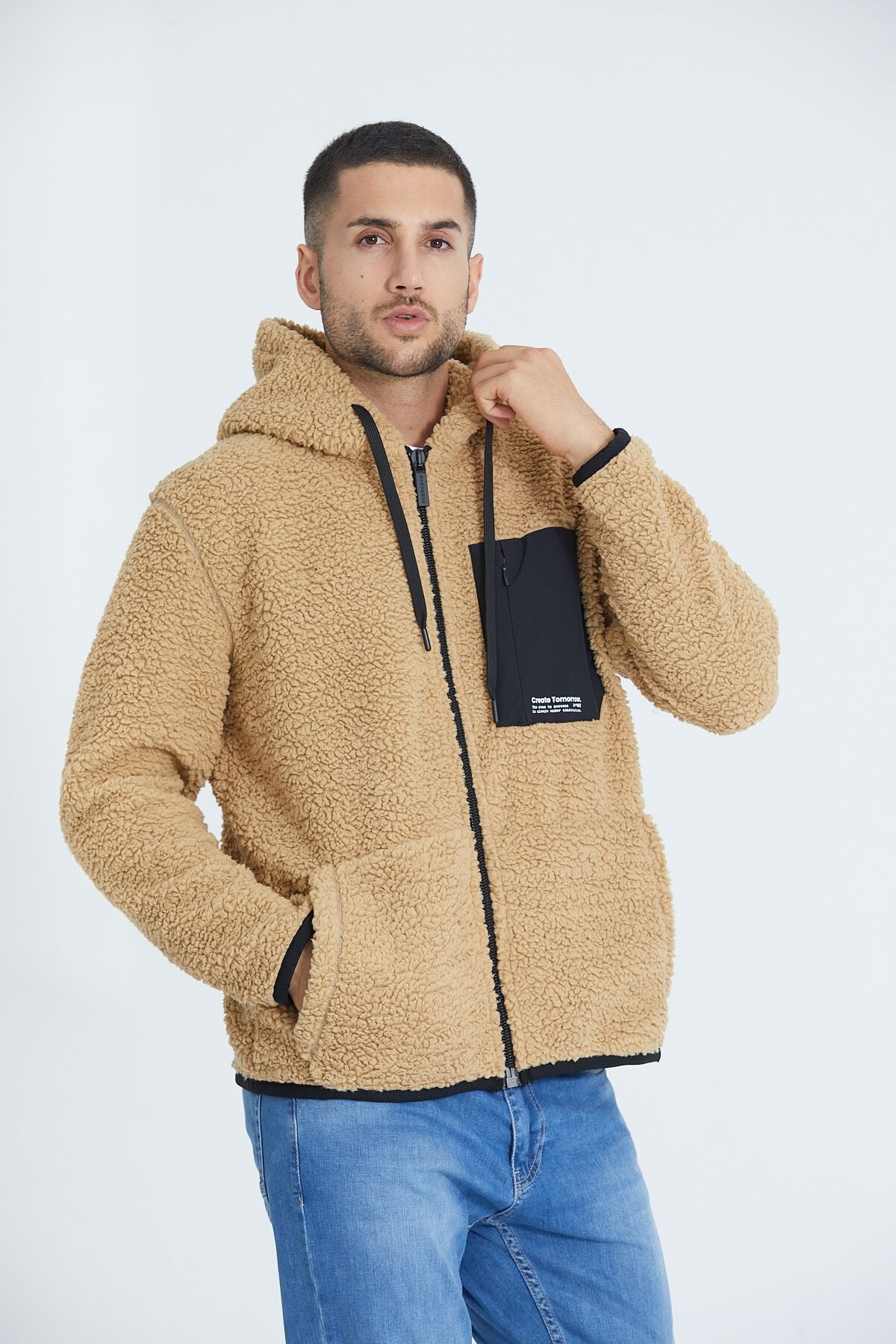 Oversize Kapüşonlu Fermuarlı Kanguru Cepli Peluş Sweatshirt