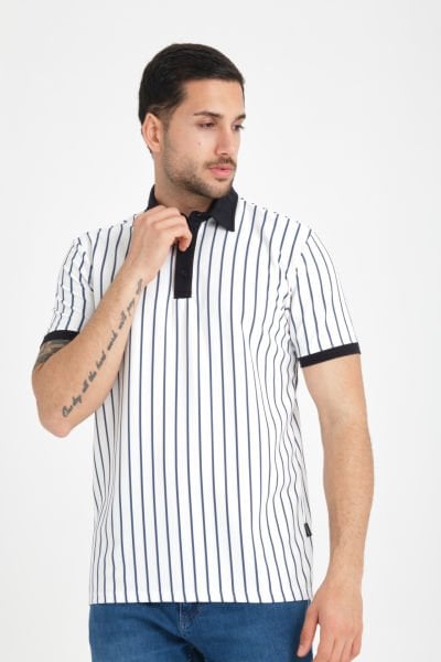 Dikey Çizgili Ottoman Kumaş Polo Yaka T-Shirt
