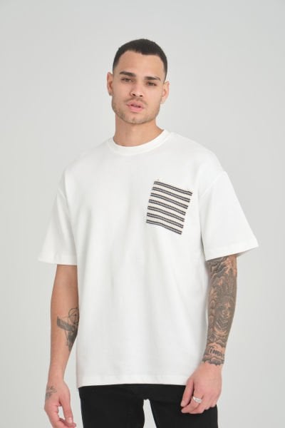 Kalın Fayn Çizgili Cepli Oversize T-Shirt