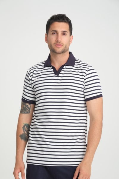 ﻿Yatay Çizgili Ottoman Kumaş Polo V Yaka T-shirt
