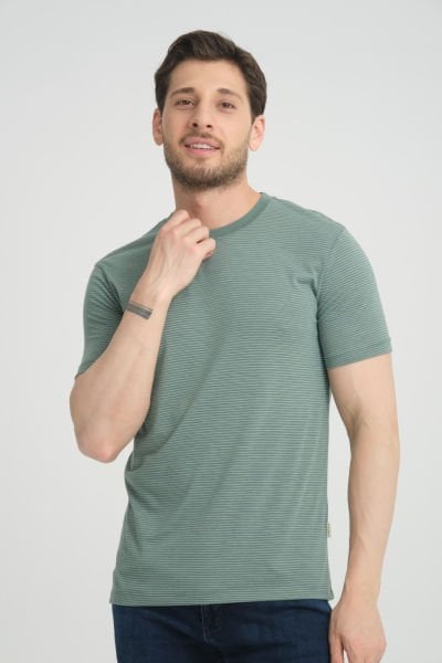 Çizgili Suprem Kumaş Bisiklet Yaka T-Shirt