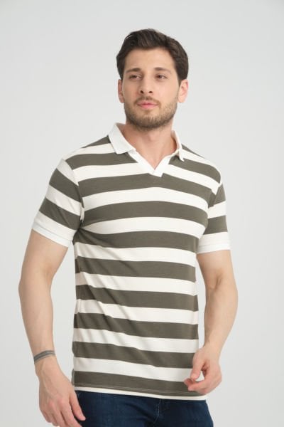 Çizgili Triko Kumaş Polo V Yaka T-shirt