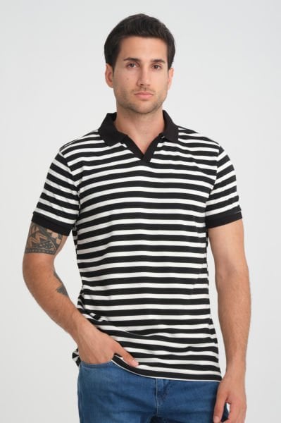Yatay Çizgili Polo V Yaka T-shirt