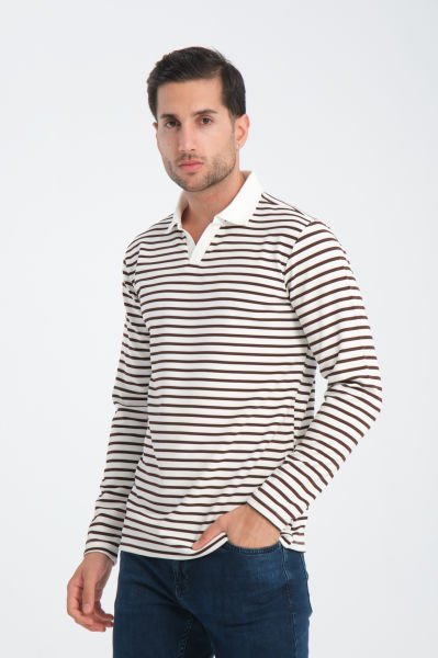 İnce Çizgili V Polo Yaka Sweatshirt