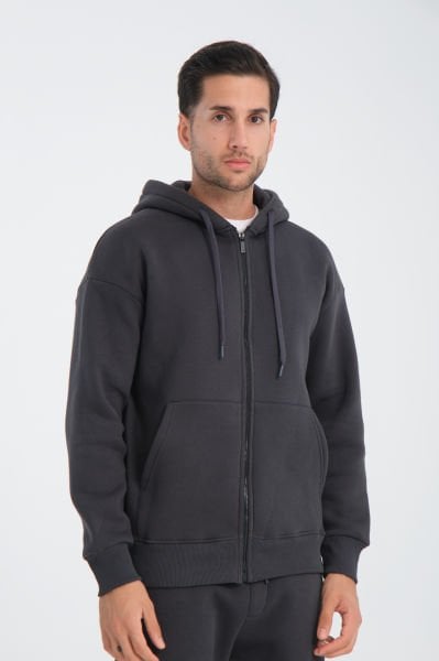 Oversize Fermuarlı Kapüşonlu Üç İplik Sweatshirt