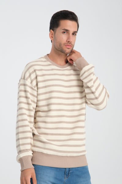 Kalın Waffle Kumaş Çizgili Sweatshirt