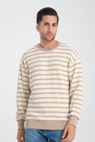 Kalın Waffle Kumaş Çizgili Sweatshirt