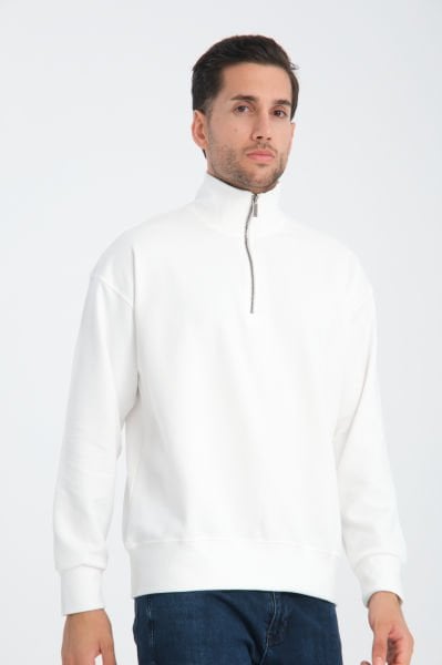 Kare Desen Yarım Fermuarlı Dik Yaka Sweatshirt