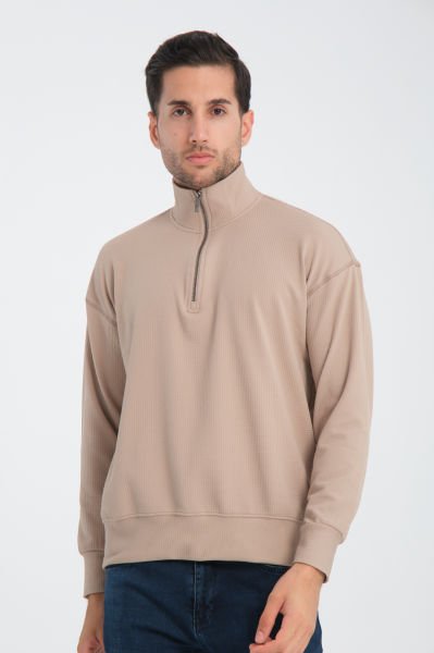 Kare Desen Yarım Fermuarlı Dik Yaka Sweatshirt