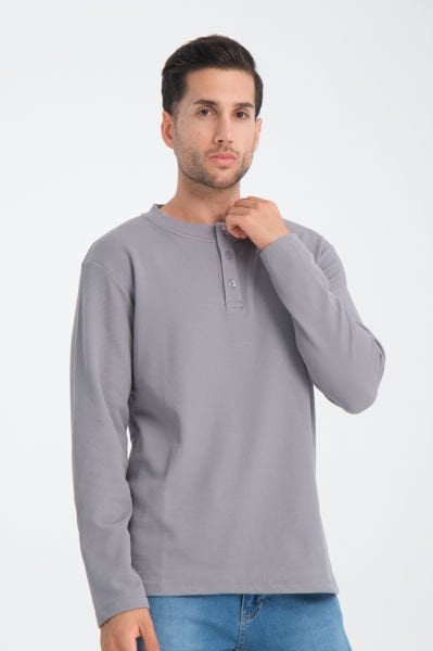 Waffle Desen Yarım Patlı Düğmeli Sweatshirt