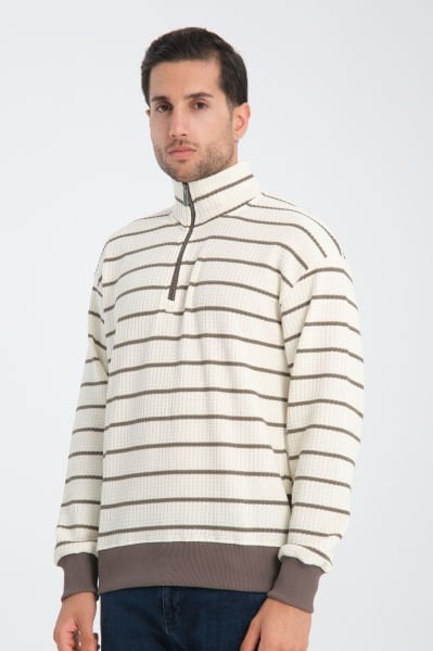 Kalın Waffle Kumaş Çizgili Dik Yaka Yarım Fermuarlı Sweatshirt