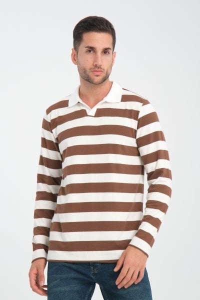 Kalın Çizgili V Polo Yaka Sweatshirt