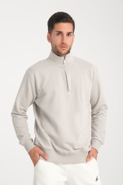 Dik Yaka Yarım Fermuarlı Üç İp Diagonel Kumaş Sweatshirt