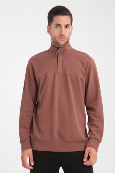 Yarım Fermuar Patlı Dik Yaka Kupra Fırçalı Sweatshirt