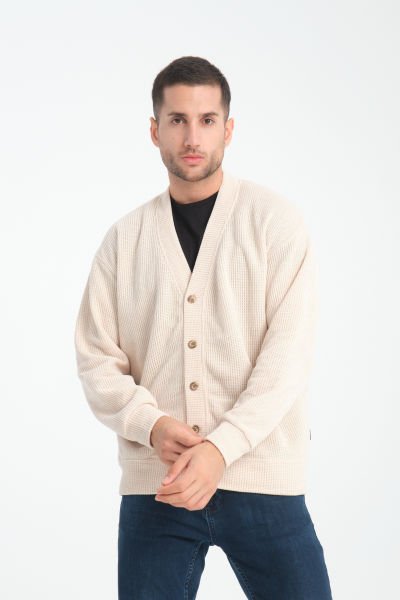 Şönil Waffle Kumaş Oversize Düğmeli Hırka