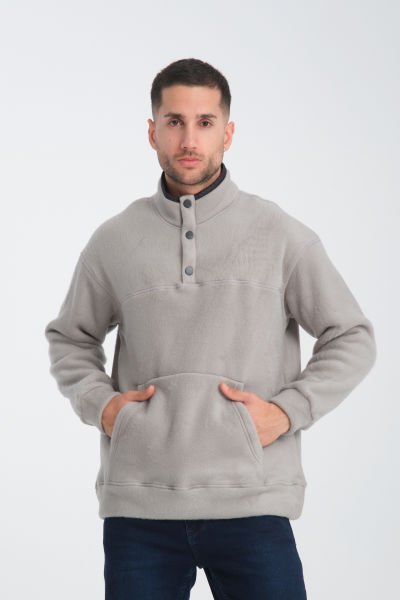 Oversize Dik Yaka Çıtçıtlı Pat Akrilik Polar Sweatshirt