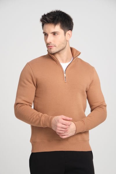 Yarım Fermuar Dik Yaka Üç İp Şardonlu Sweatshirt