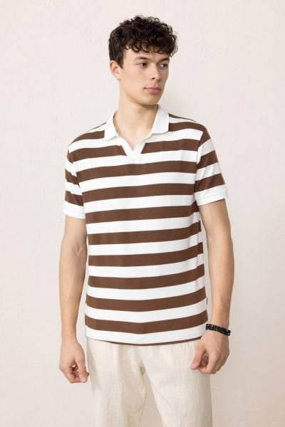 Regular Fit Çizgili V Polo Yaka T-Shirt